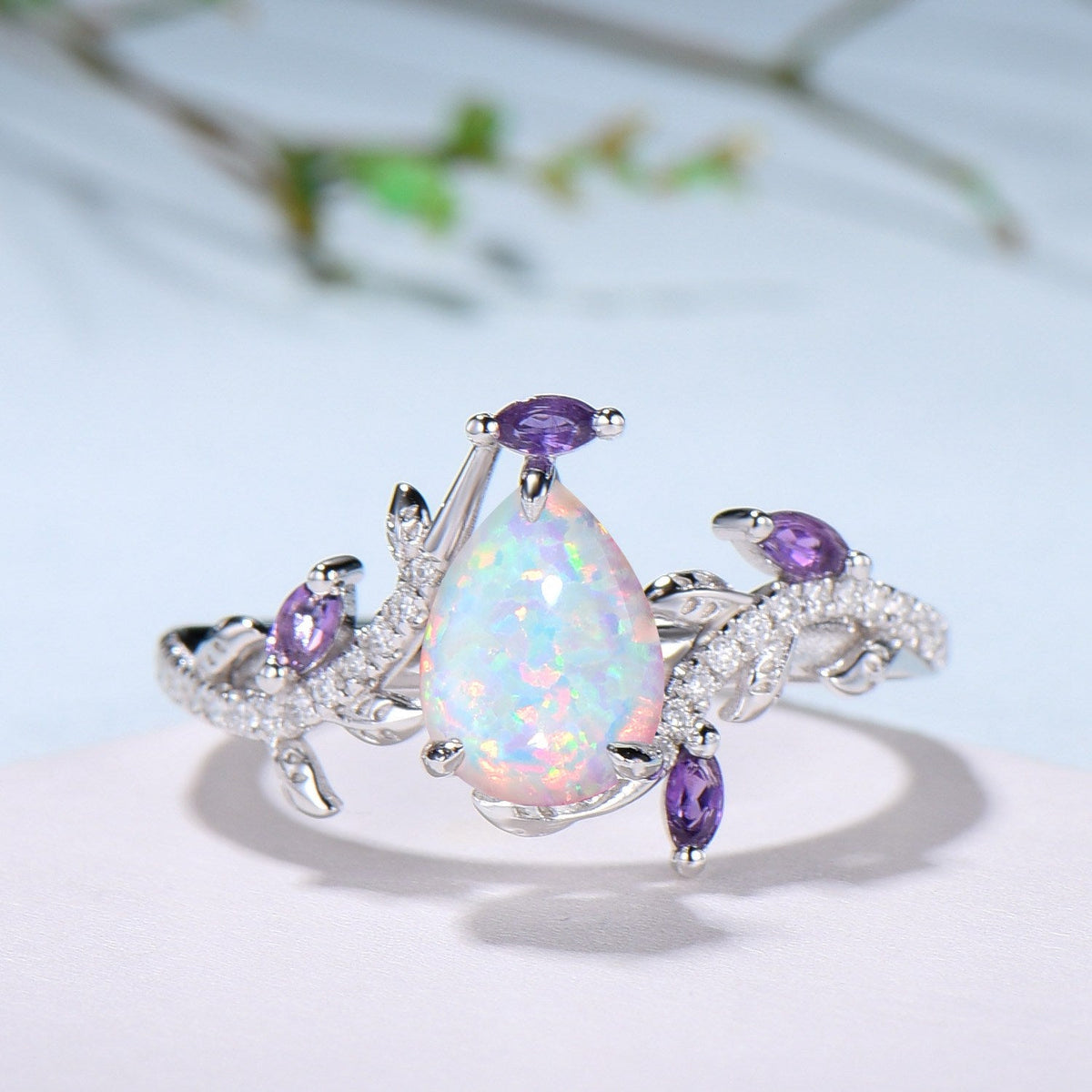 Vintage Pear Shaped White Fire Opal Engagement Ring Set Nature Inspired Snake Marqusie Opal Wedding Set 14K Rose Gold Amethyst Bridal Set
