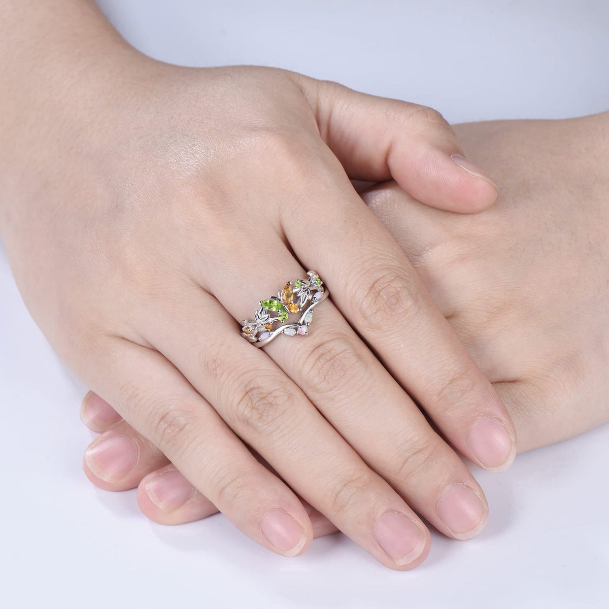 Natural Peridot And Citrine Butterfly Engagement Ring Opal Matching Band Inspired Ring Set