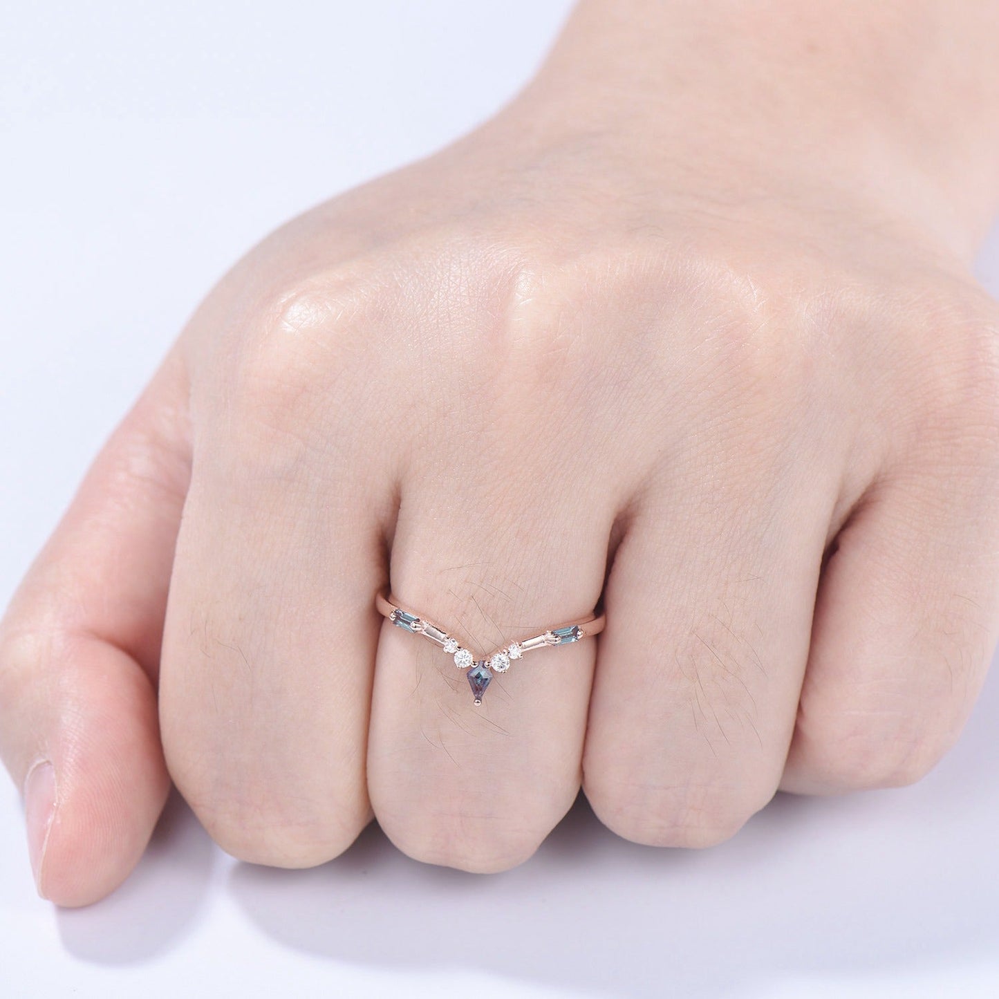 Curved Kite and Baguette Cut Alexandrite Wedding Band, Rose Gold Cluster Moissanite Ring