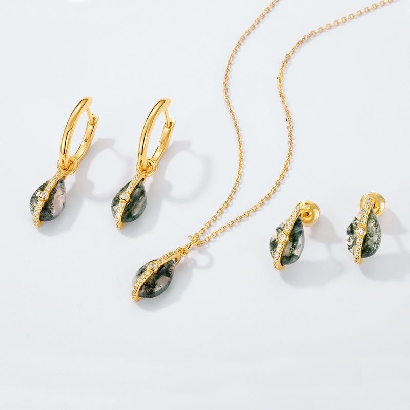Modern Celestial Moss Agate Pear Shaped Dangle Huggie Earrings