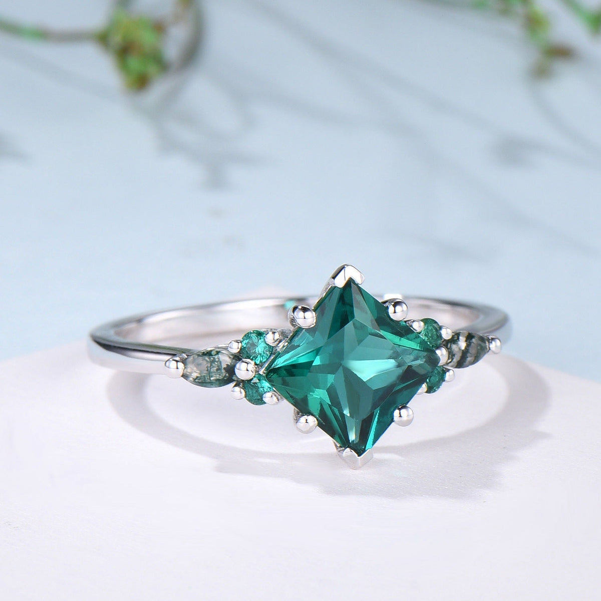 Unique Princess Cut Emerald Engagement Ring Set Silver White Gold Marquise Moss Agate Green Crystal Bridal Wedding Ring Retro Promise Ring
