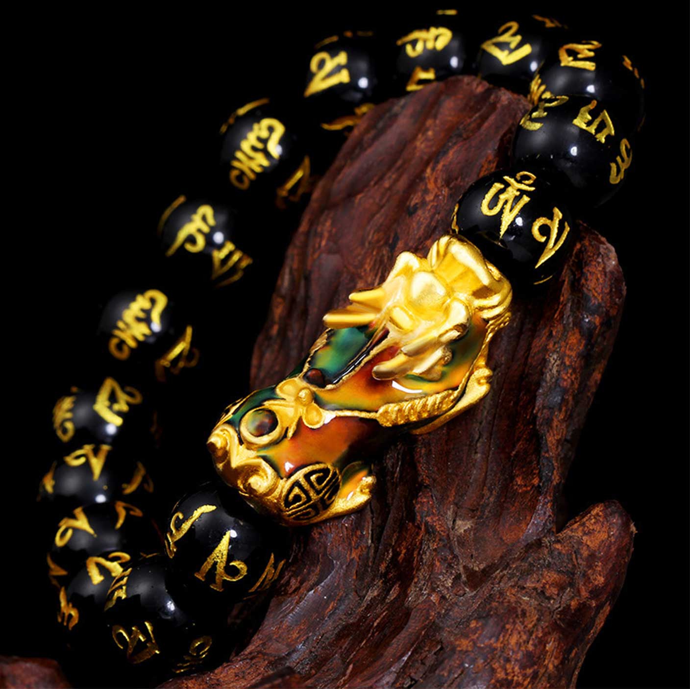 Pixiu Mani Mantra Black Obsidian Abundance Bracelet