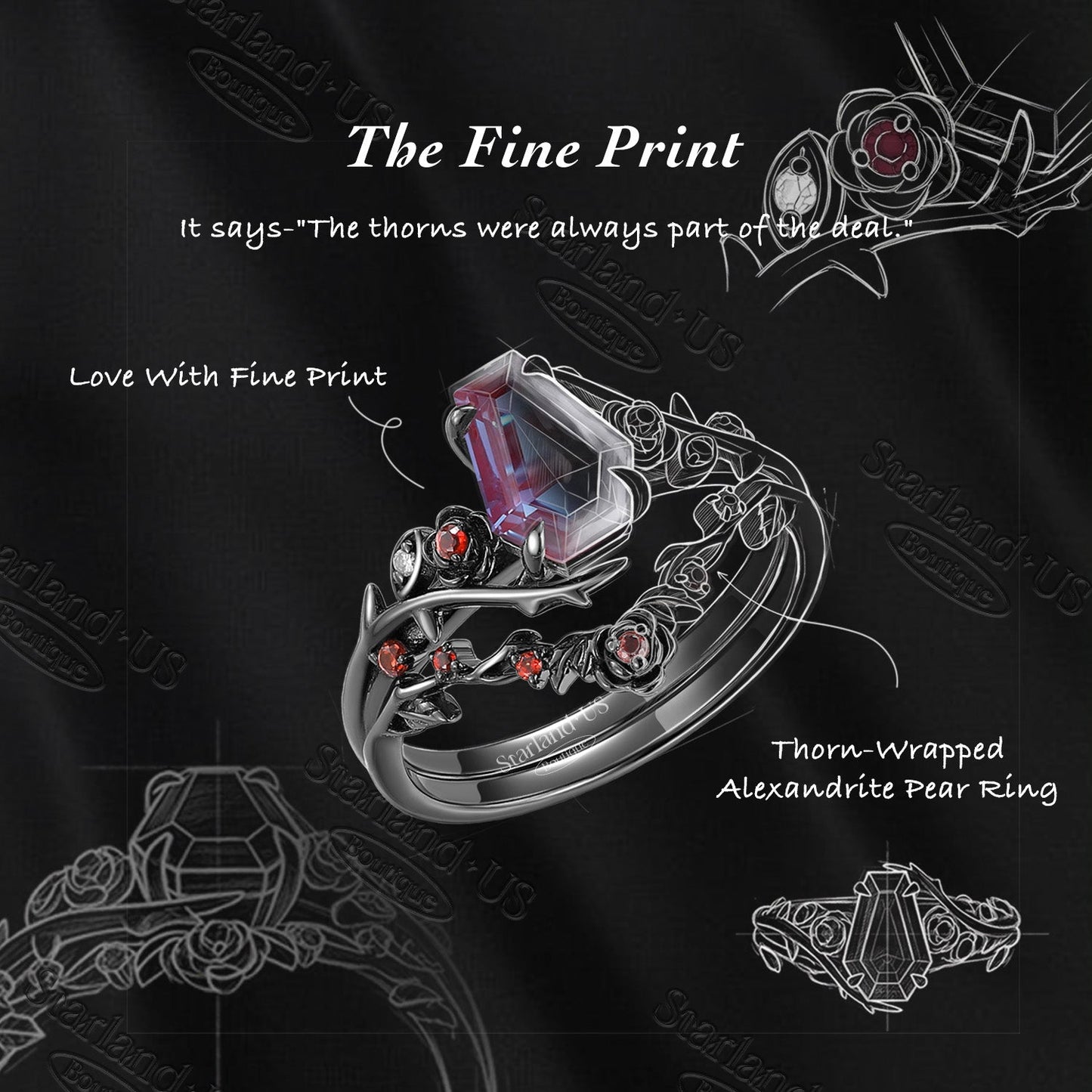 Gothic Nature Inspired Coffin Cut Black Moissanite Engagement Ring Set 2pcs - 'Thorns & Roses'