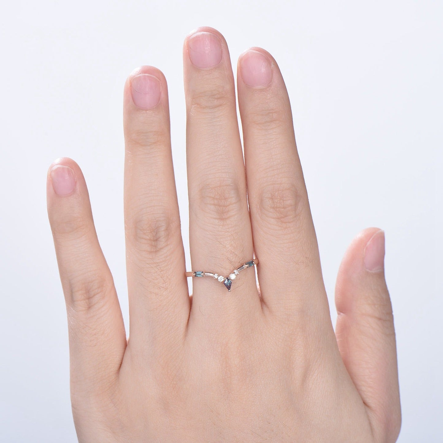 Curved Kite and Baguette Cut Alexandrite Wedding Band, Rose Gold Cluster Moissanite Ring