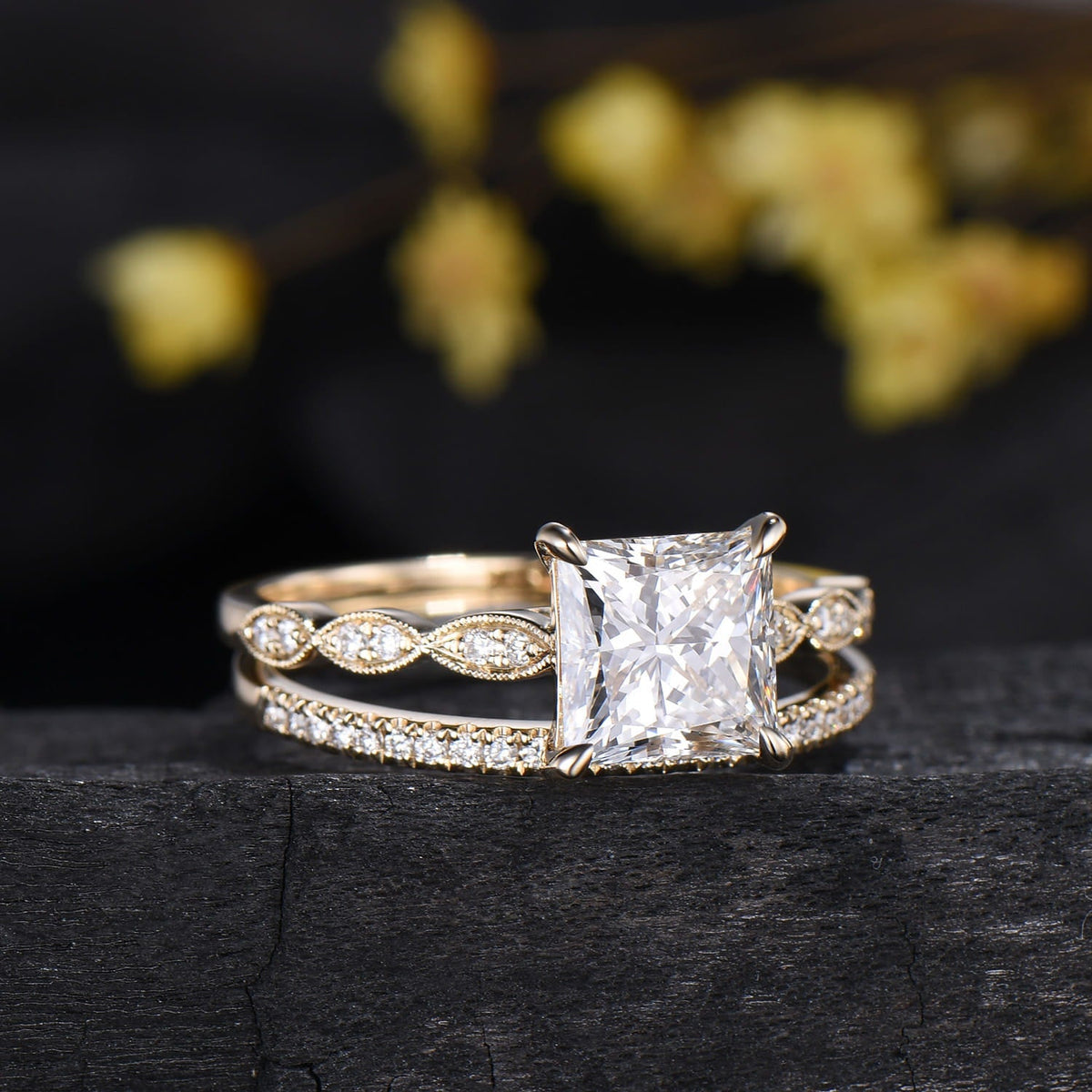 2 Carat Princess Cut Lab Grown Diamond Engagement Ring Set