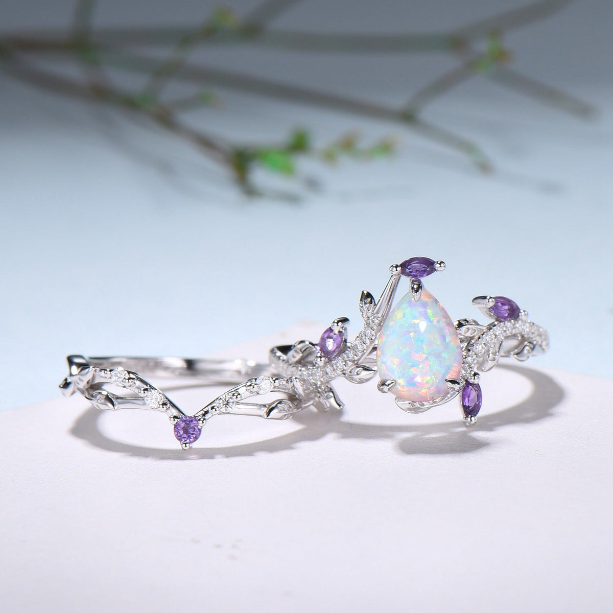Vintage Pear Shaped White Fire Opal Engagement Ring Set Nature Inspired Snake Marqusie Opal Wedding Set 14K Rose Gold Amethyst Bridal Set