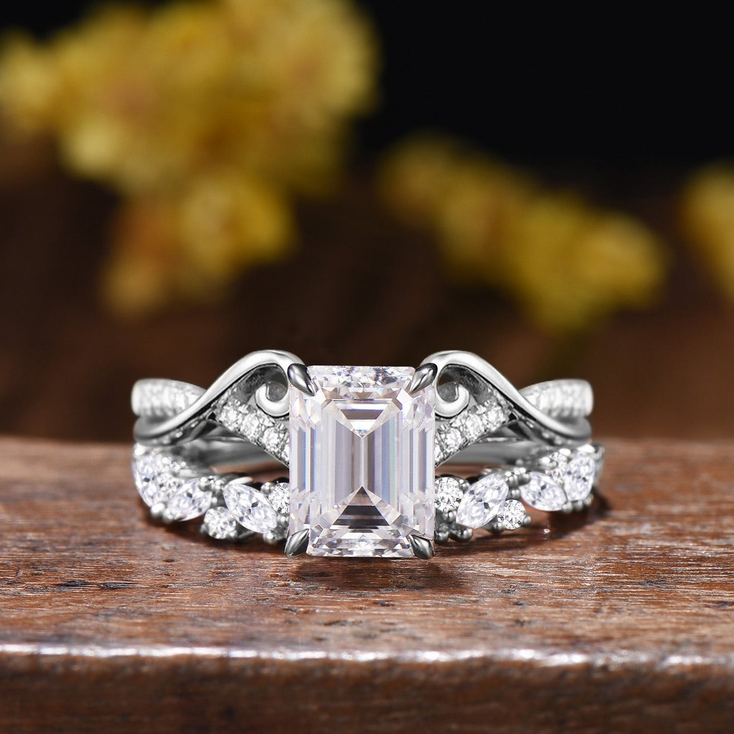 Emerald Cut Moissanite Wedding Ring Set, 14k Rose Gold Art Nouveau Bridal Band