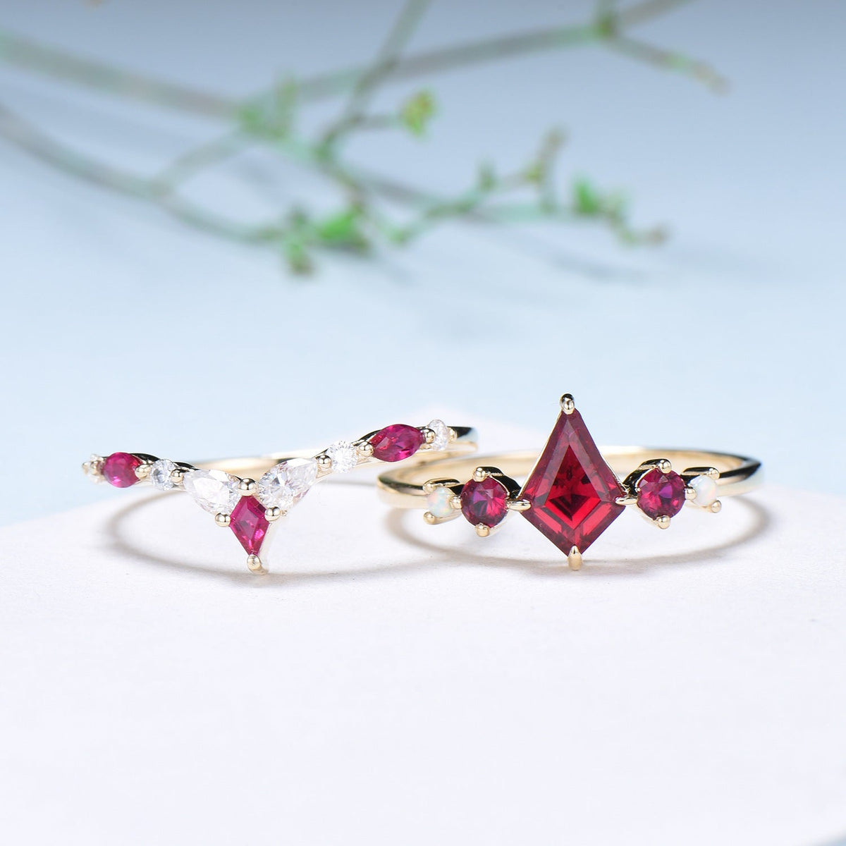 Vintage Kite Ruby Engagement Ring Set 1ct Ruby Bridal Wedding ring Set Art Deco Anniversary Gift Unique July Birthstone Bride Ring For Women