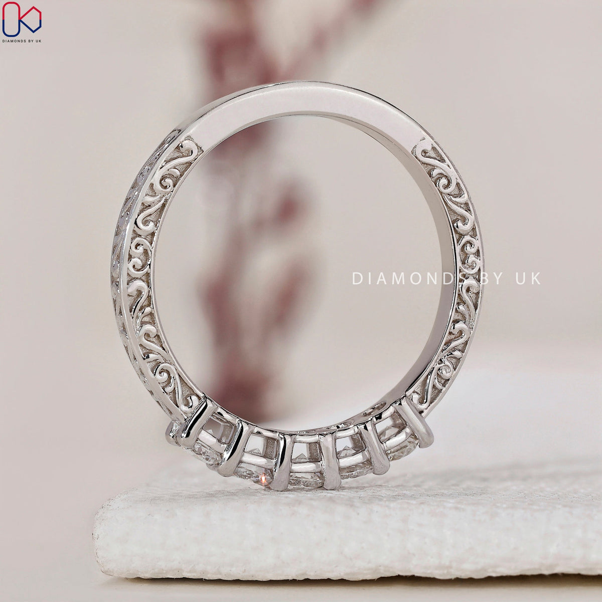 Art Deco Wedding Band With Round Diamonds