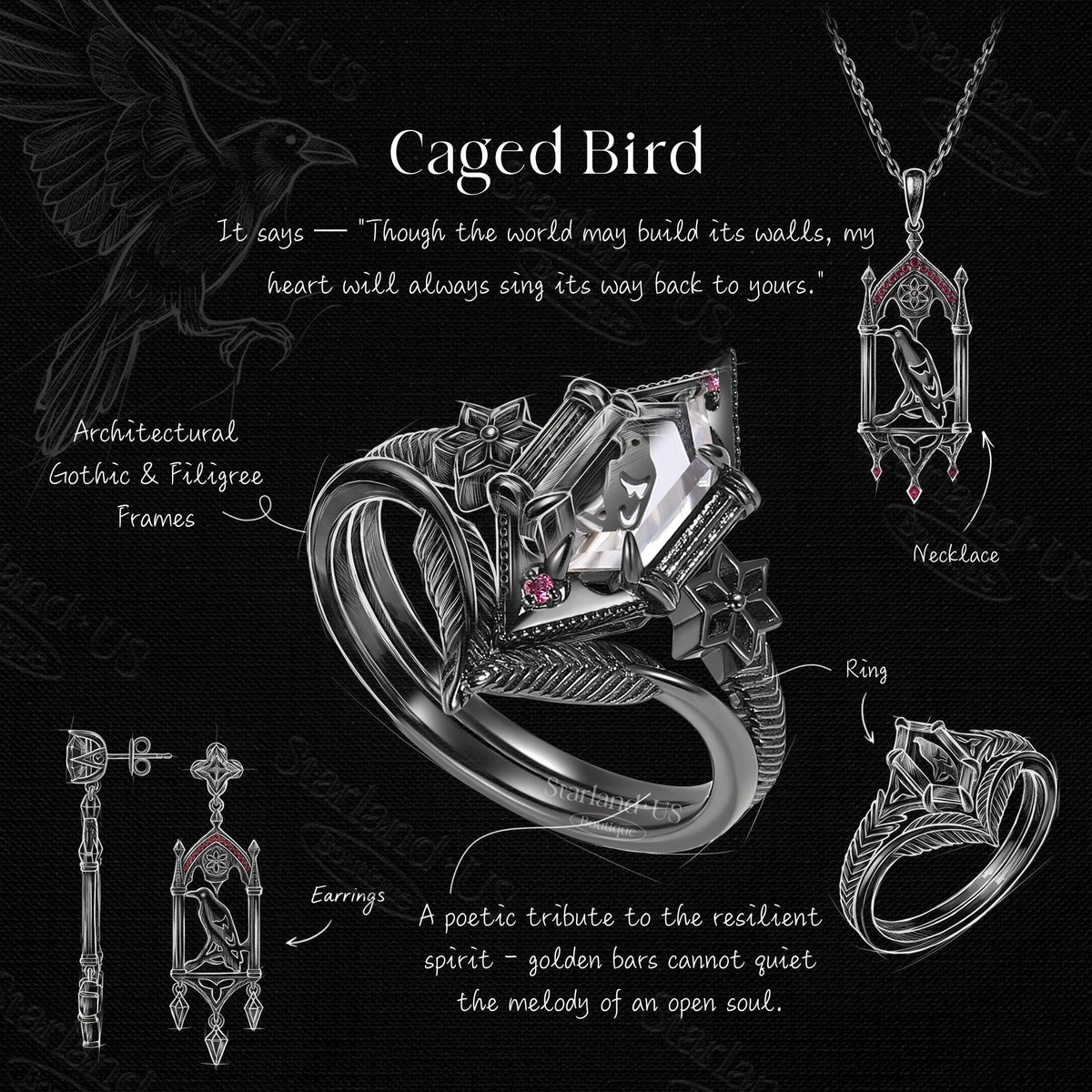 Gothic Dark Crow Inspired Long Hexagon Moissanite Black Inspired Jewelry - 'Caged Bird' Jewelry Box