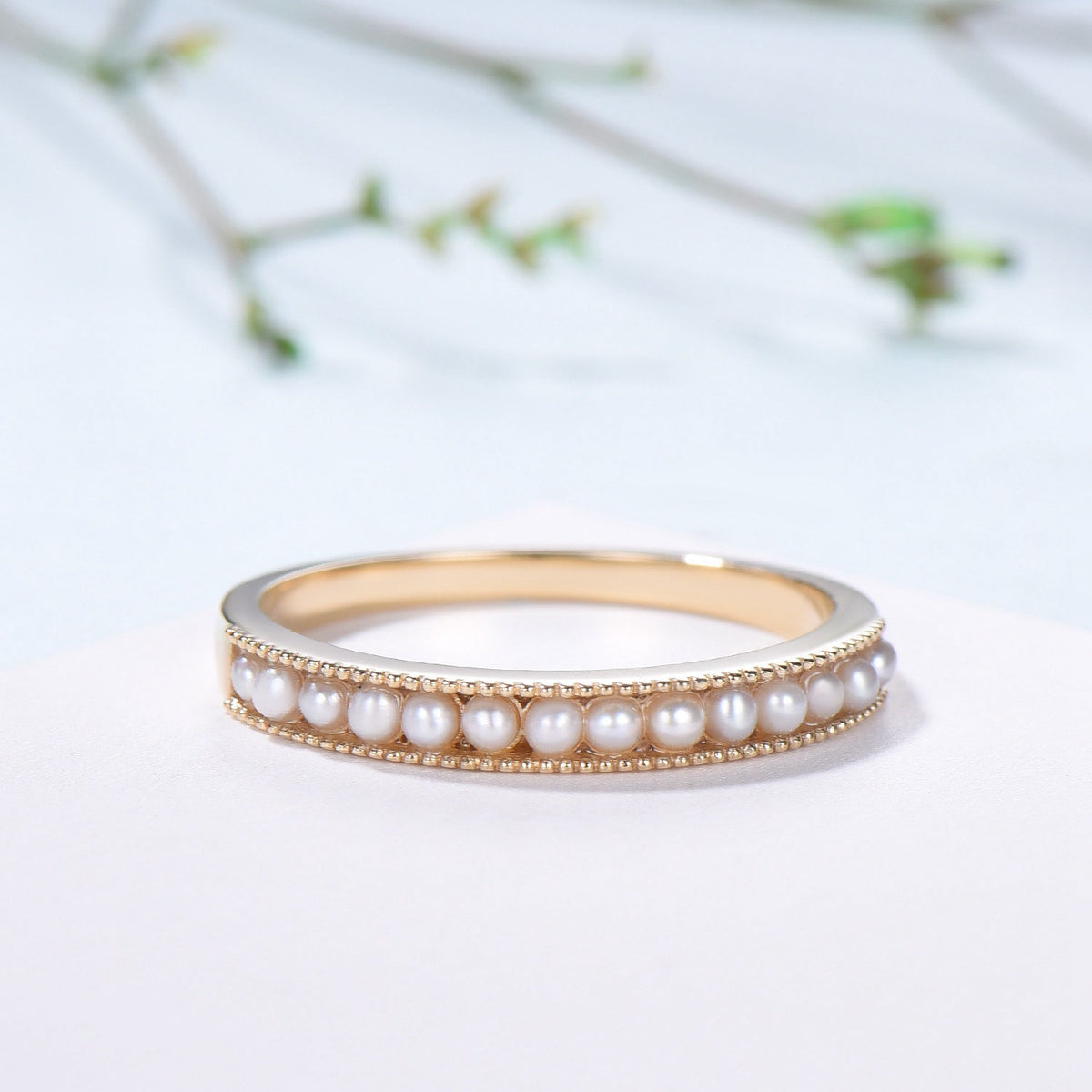 Freshwater Pearl Wedding Ring - 14k Gold Milgrain Anniversary Band