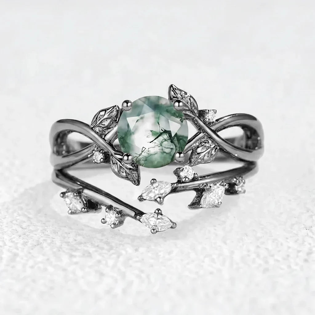 Cordelia Round Cut Moss Agate Leafy Infinity Bridal Set 2pcs