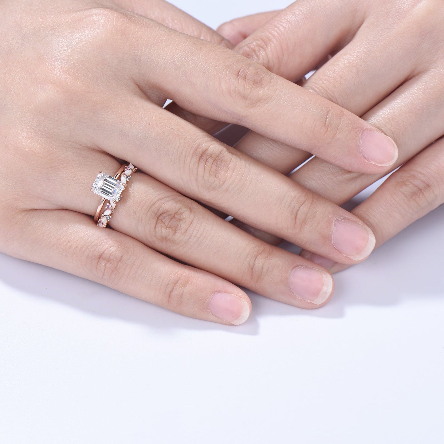 Emerald Cut Moissanite Engagement Ring | 14K Rose Gold Bridal Set, Opal Wedding Band