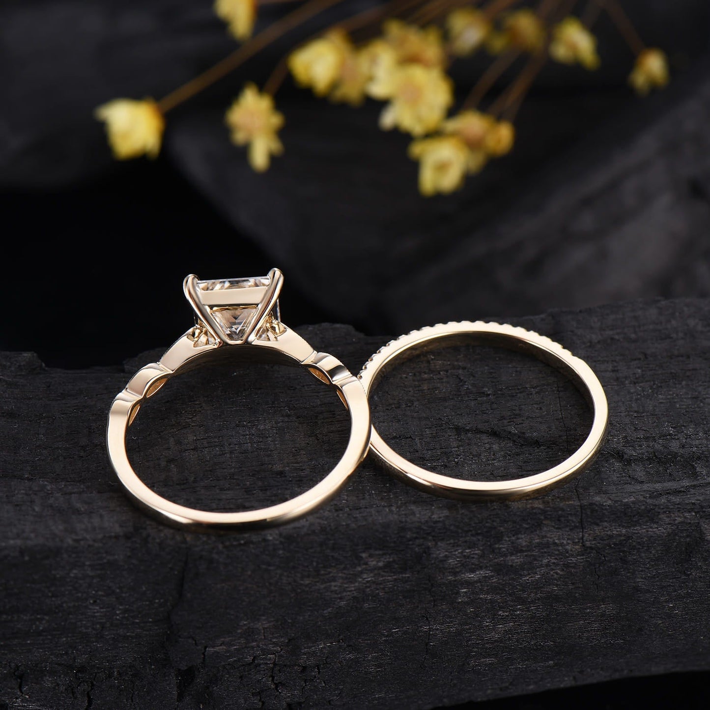 2CT Princess Cut Lab Diamond Engagement Ring Set: 14k Yellow Gold Art Deco Milgrain Marquise Bridal Wedding Set