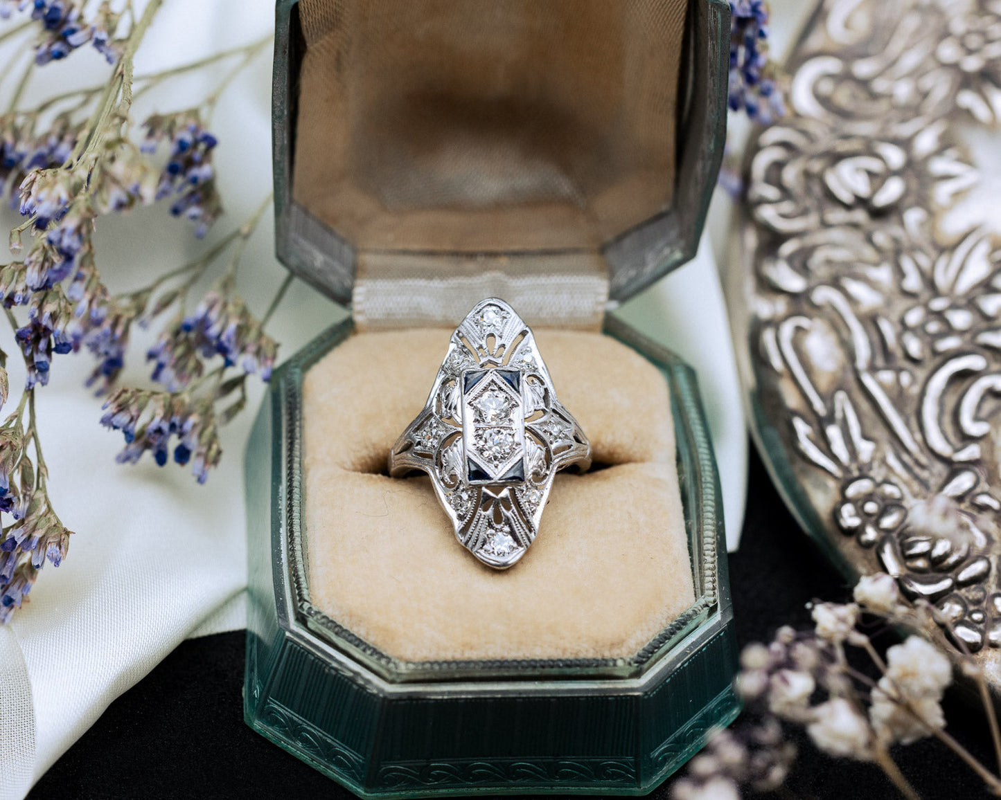 Vintage Women's Engagement Ring With Diamond & Lab-Grown Sapphire Accents In Platinum