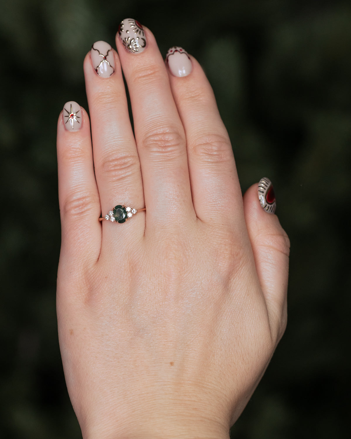 "Rhea" - Oval Cut Moss Agate Engagement Ring With Diamond Accents