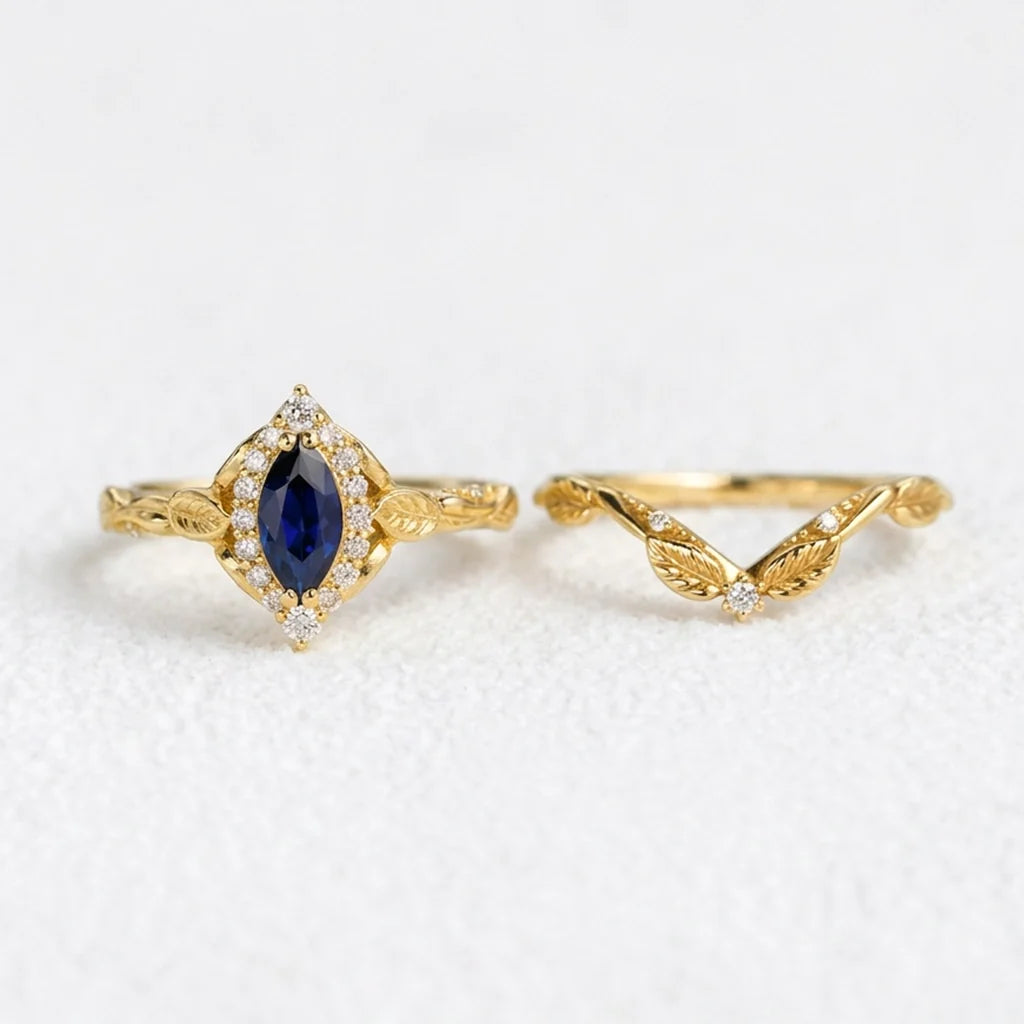 Victoria’s Diadem | Marquise Cut Sapphire & Diamond Halo Bridal Set 2pcs
