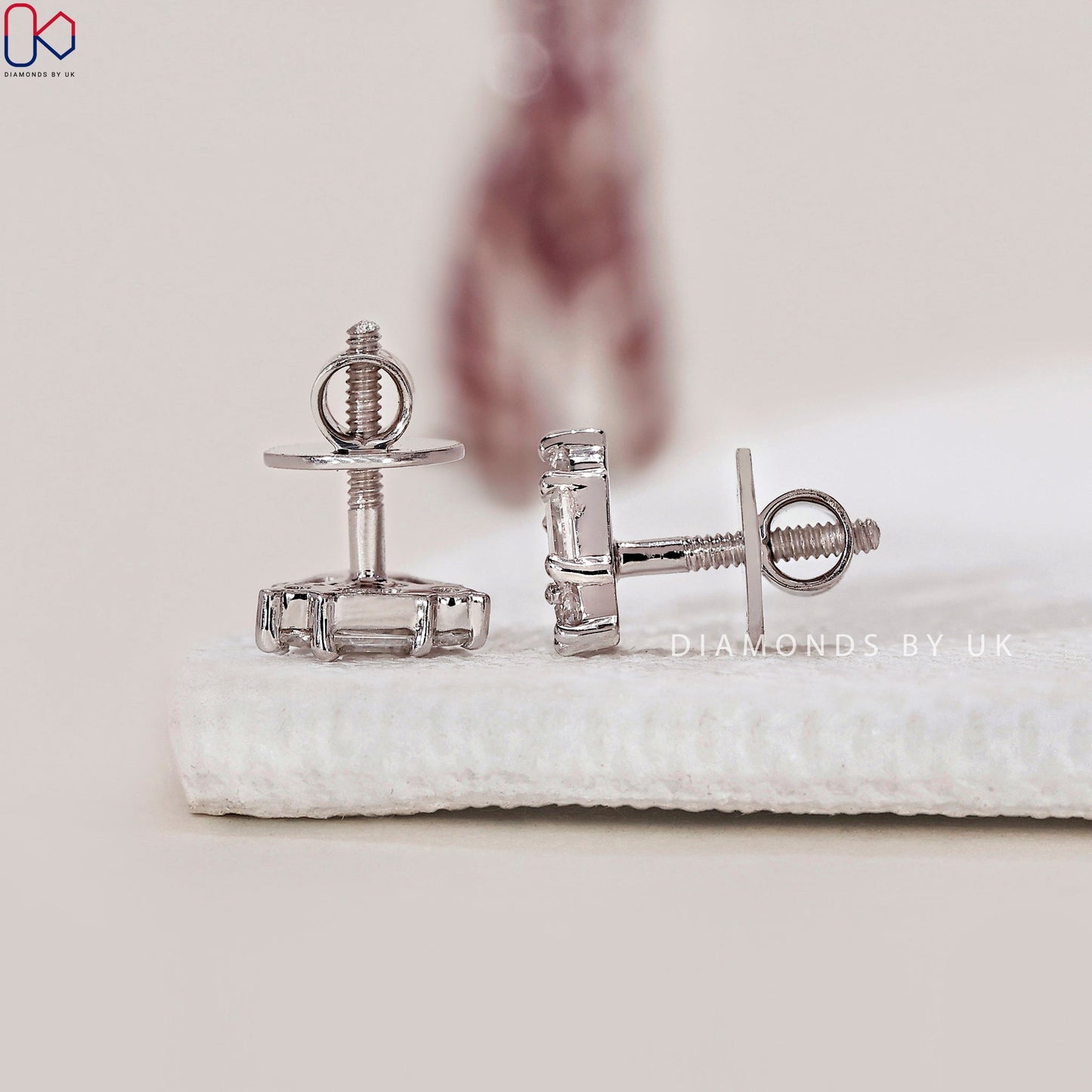 White Gold Stud Earrings - Baguette and Round Diamond