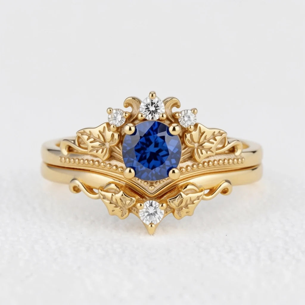 Ivy’s Wreath | Round Blue Sapphire & Diamond Vintage Bridal Set 2pcs