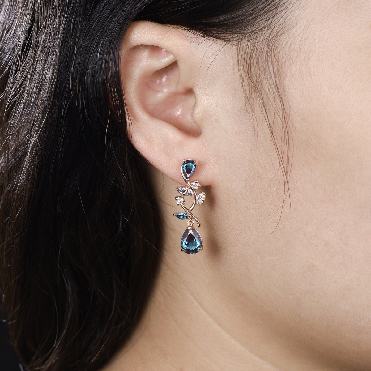 Nature Inspired Pear Shaped Alexandrite Earrings Emerald Elegant Leaf Vine Stud Earrings Unique Handmade Anniversary Promise Gift