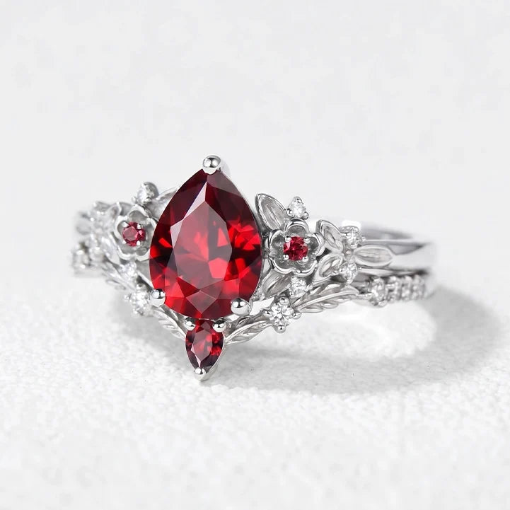 Scarlett’s Twig | Vintage Pear Red Ruby & Diamond Floral Bridal Set 2pcs