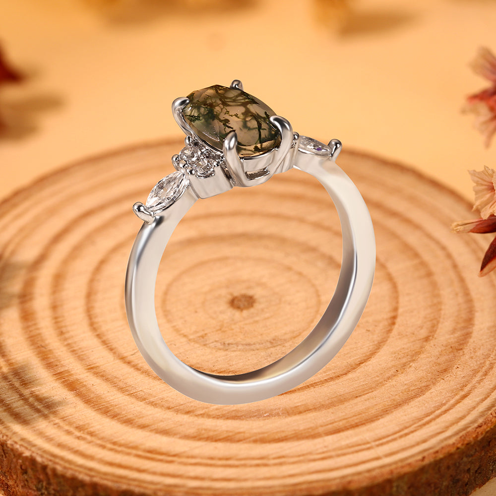 Vintage 6*8mm Oval Moss Agate Engagement Ring with Marquise Cluster Side Stones