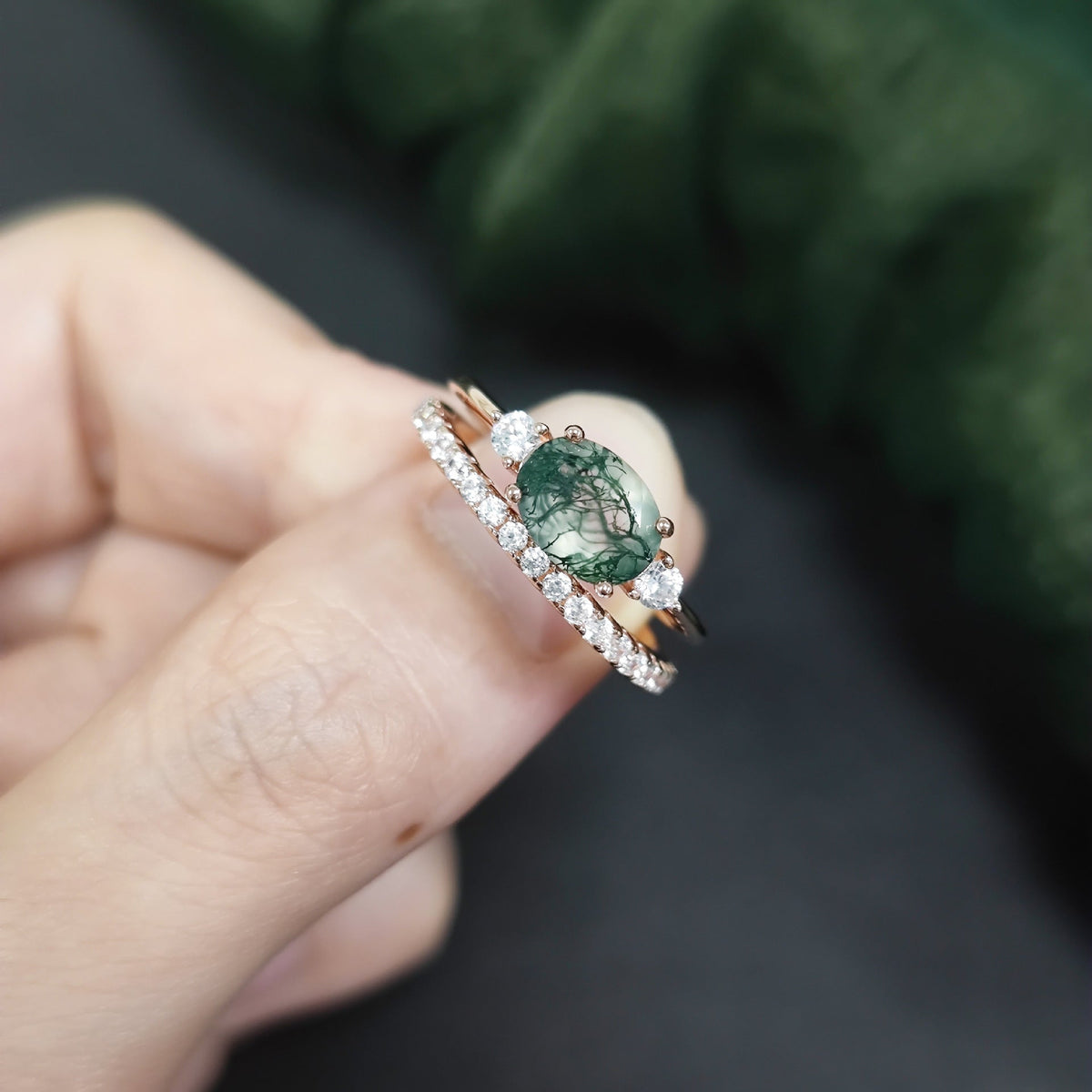 Oval Moss Agate Three Stones Engagement Ring