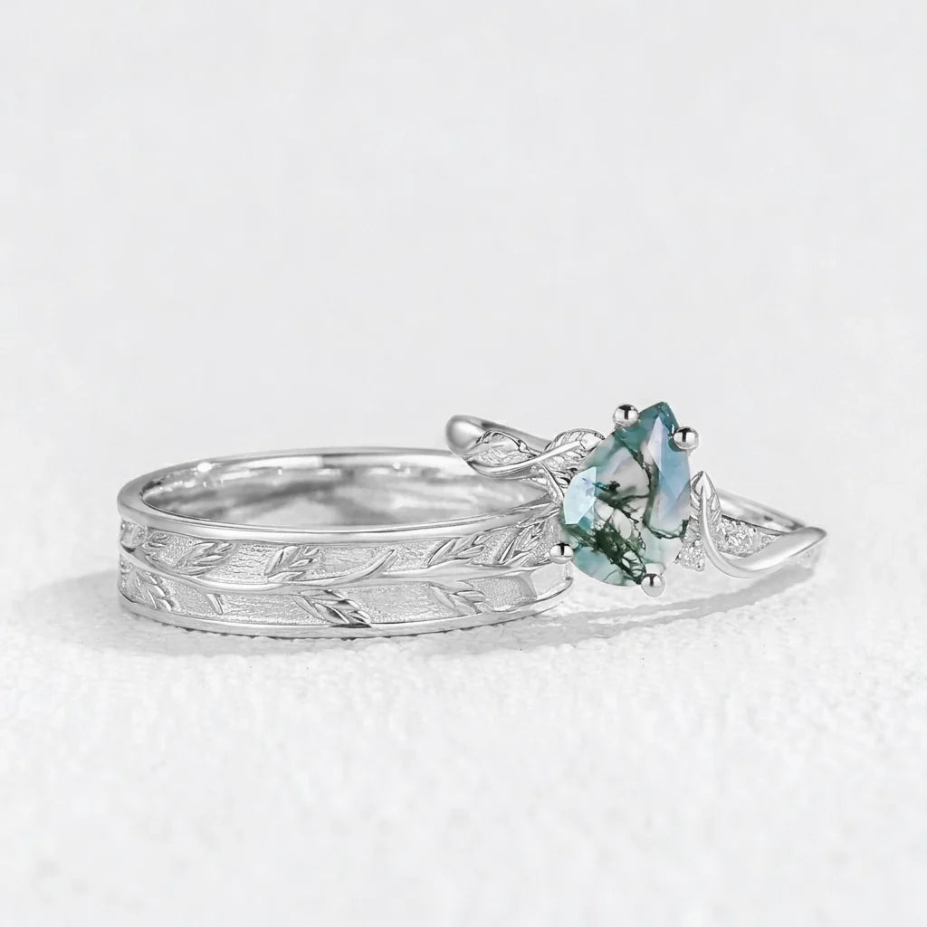 Laurel’s Spinney | Pear Moss Agate Leaf Wedding Band Couple Set 3pcs