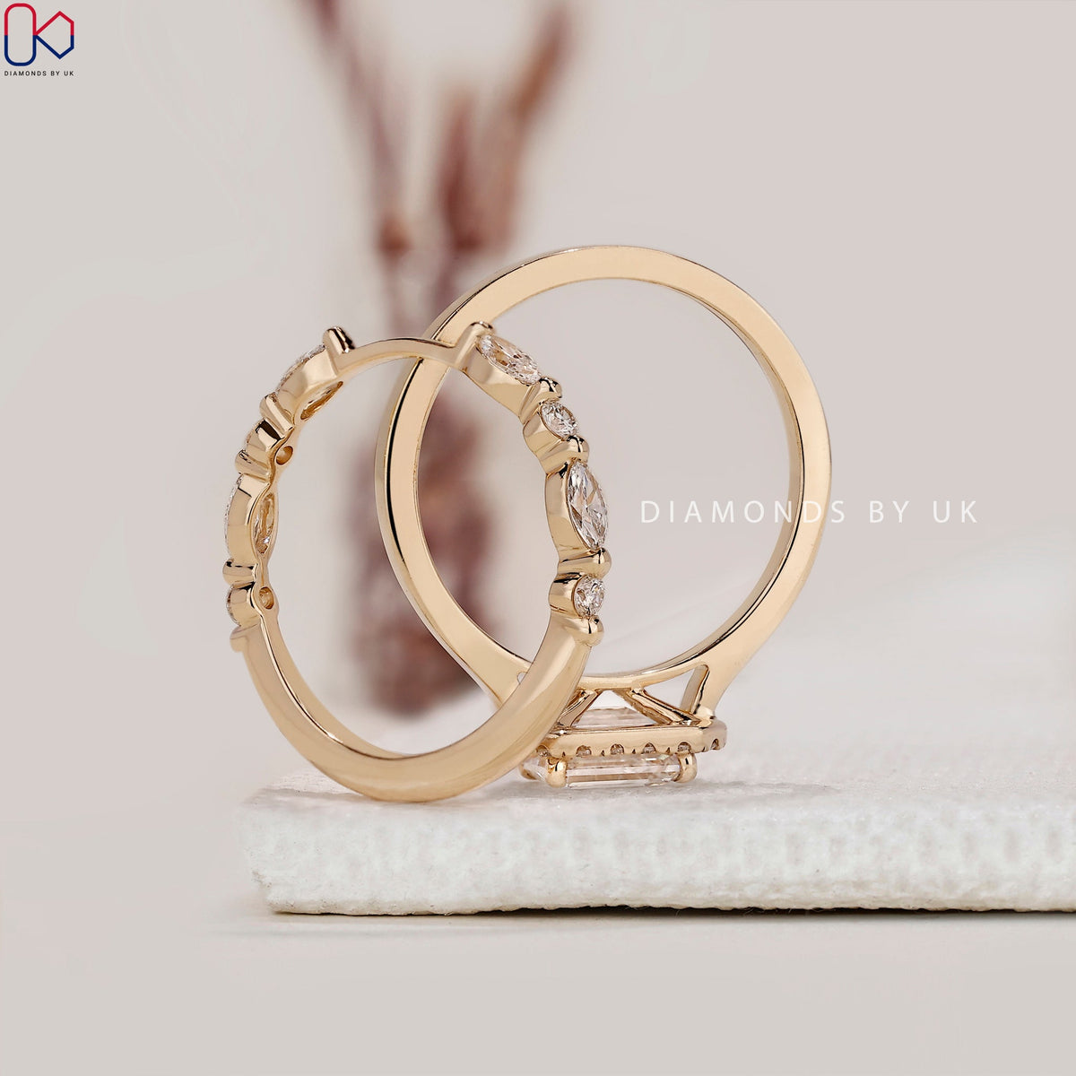Emerald Ring with Wedding Band Yellow Gold Bridal Set
