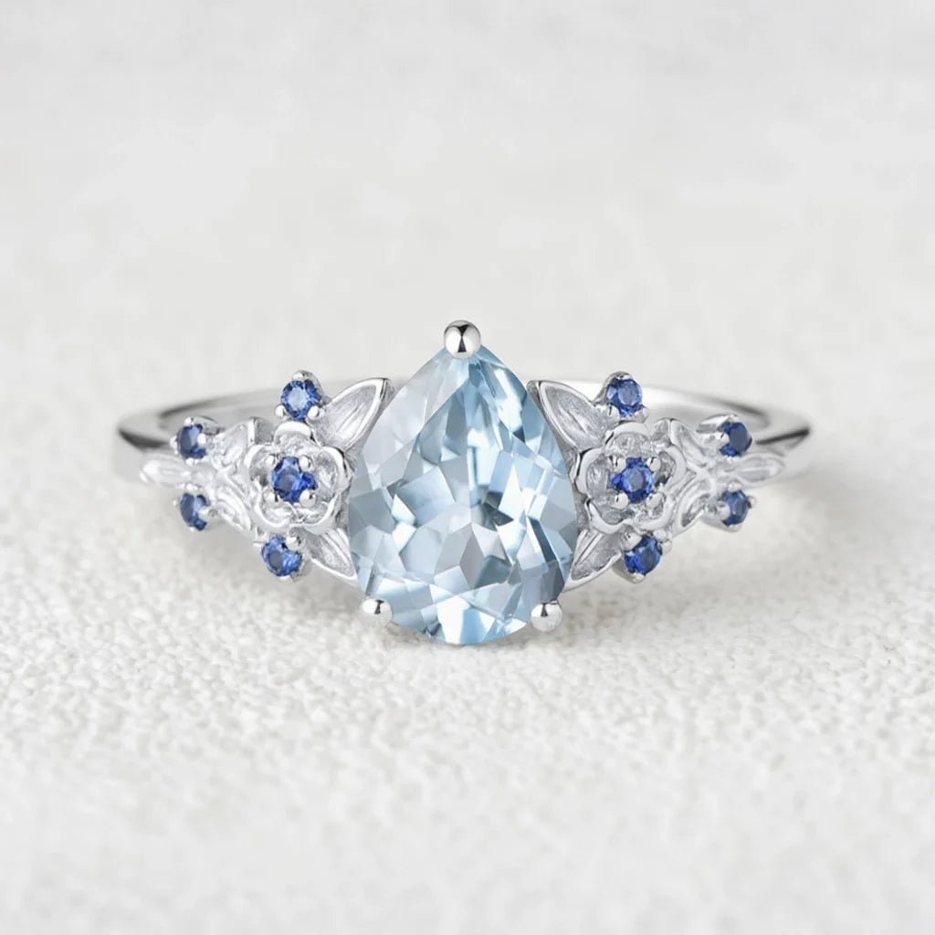 Isolde’s Tide | Vintage Pear Aquamarine & Sapphire Floral Bridal Set 2pcs