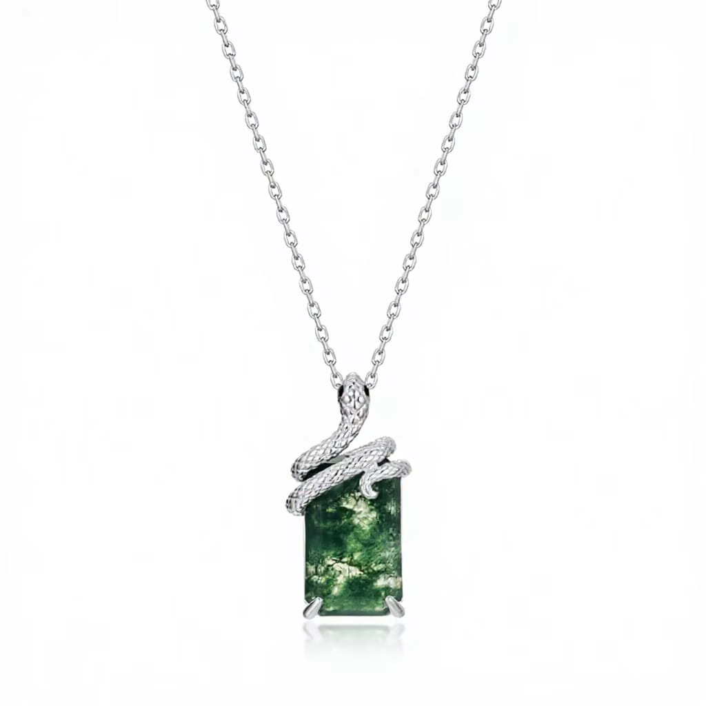 Luxury Snake Shape Green Moss Agate Pendant Necklace