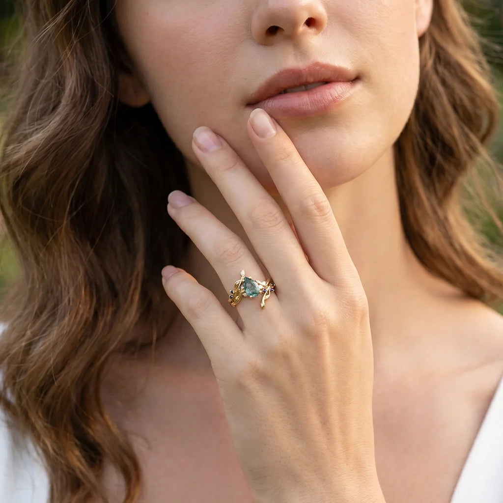 Cressida’s Companion | Moss Agate & Sapphire Engagement Enhancer Ring Set 2pcs