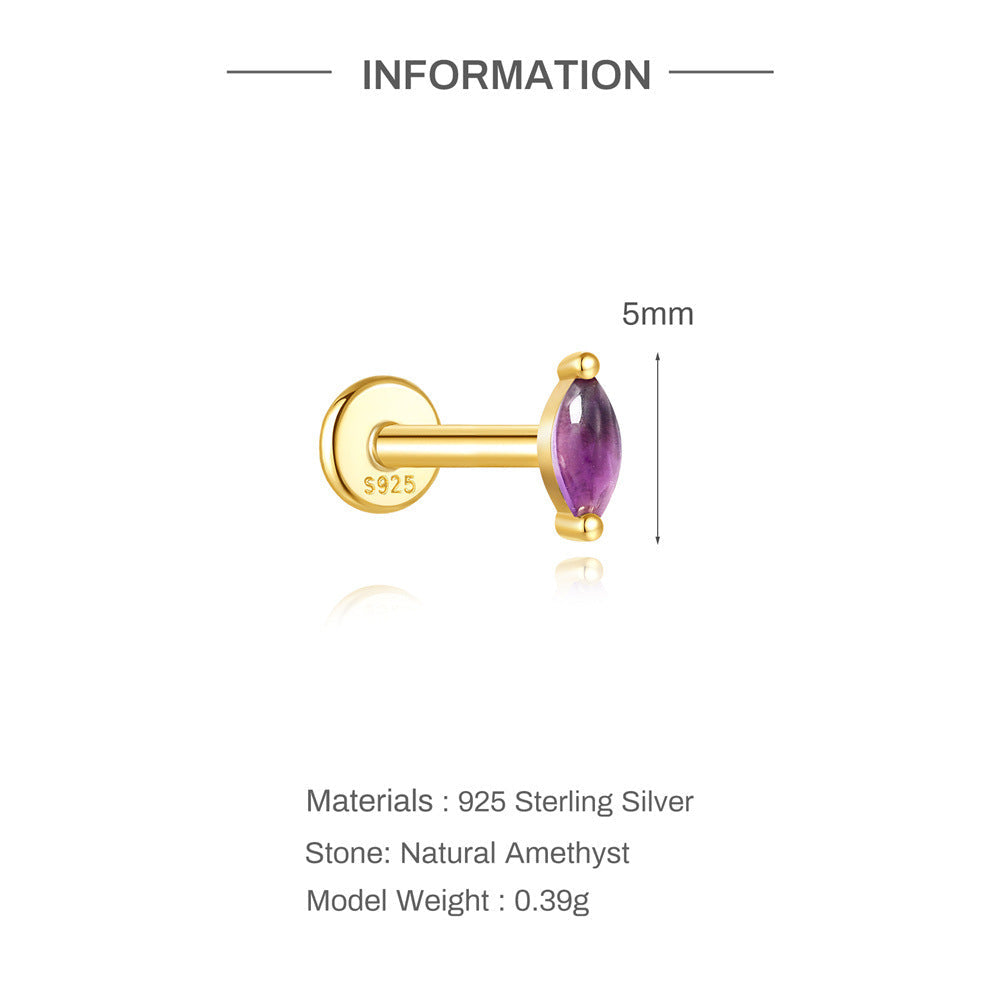 S925 Sterling Silver Natural Amethyst Geometric Cartilage Earring 16G Flat Back Earrings