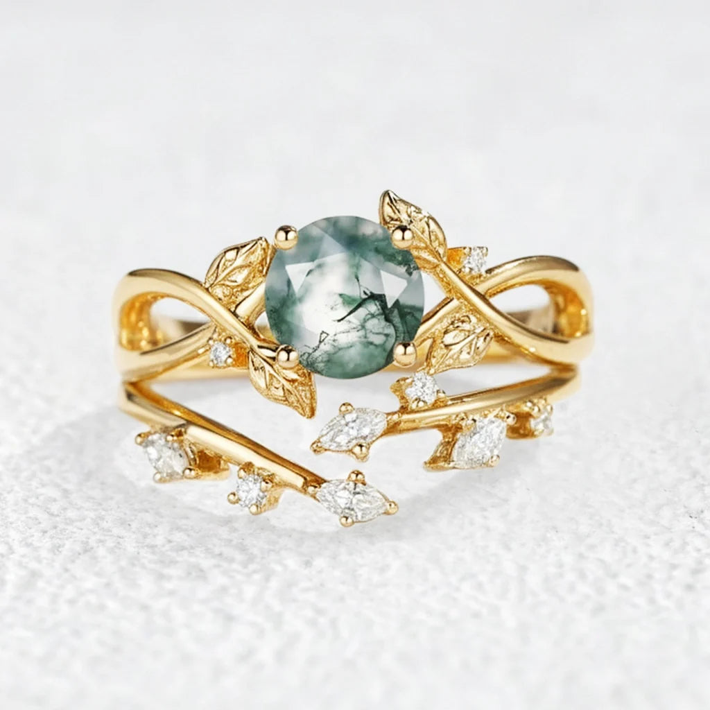 Cordelia Round Cut Moss Agate Leafy Infinity Bridal Set 2pcs