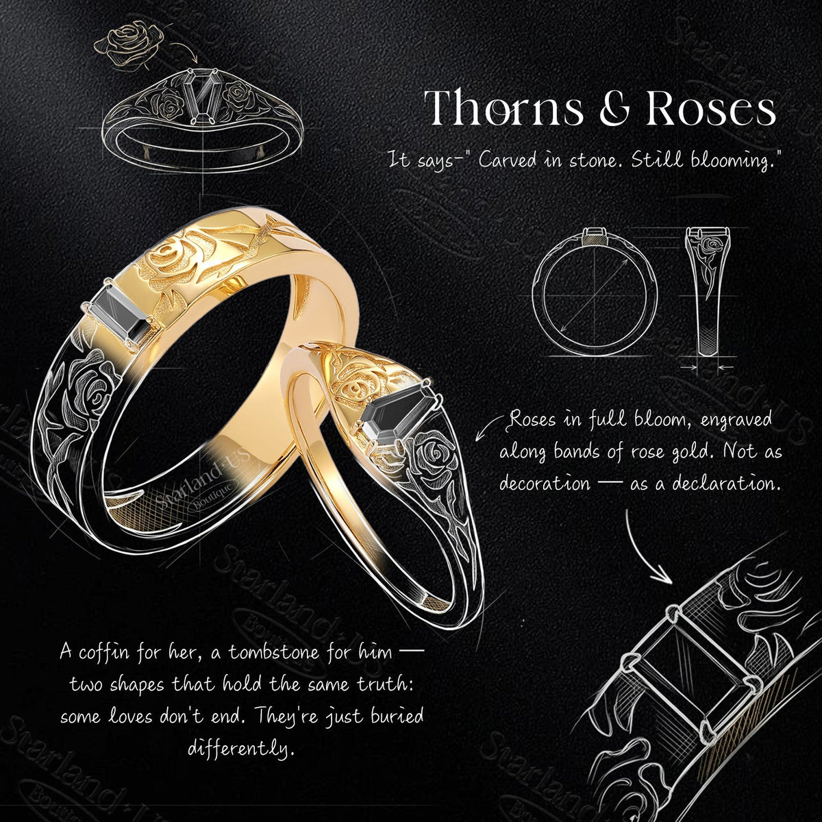 'Thorns & Roses'- Nature Inspired Gothic Coffin Cut & Rectangular Cut Black Moissanite  Couple Rings