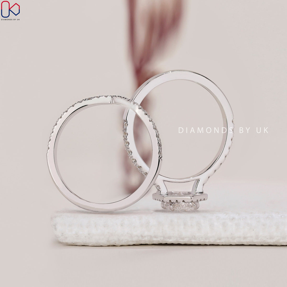 White Gold Halo Engagement Ring With Wedding Band