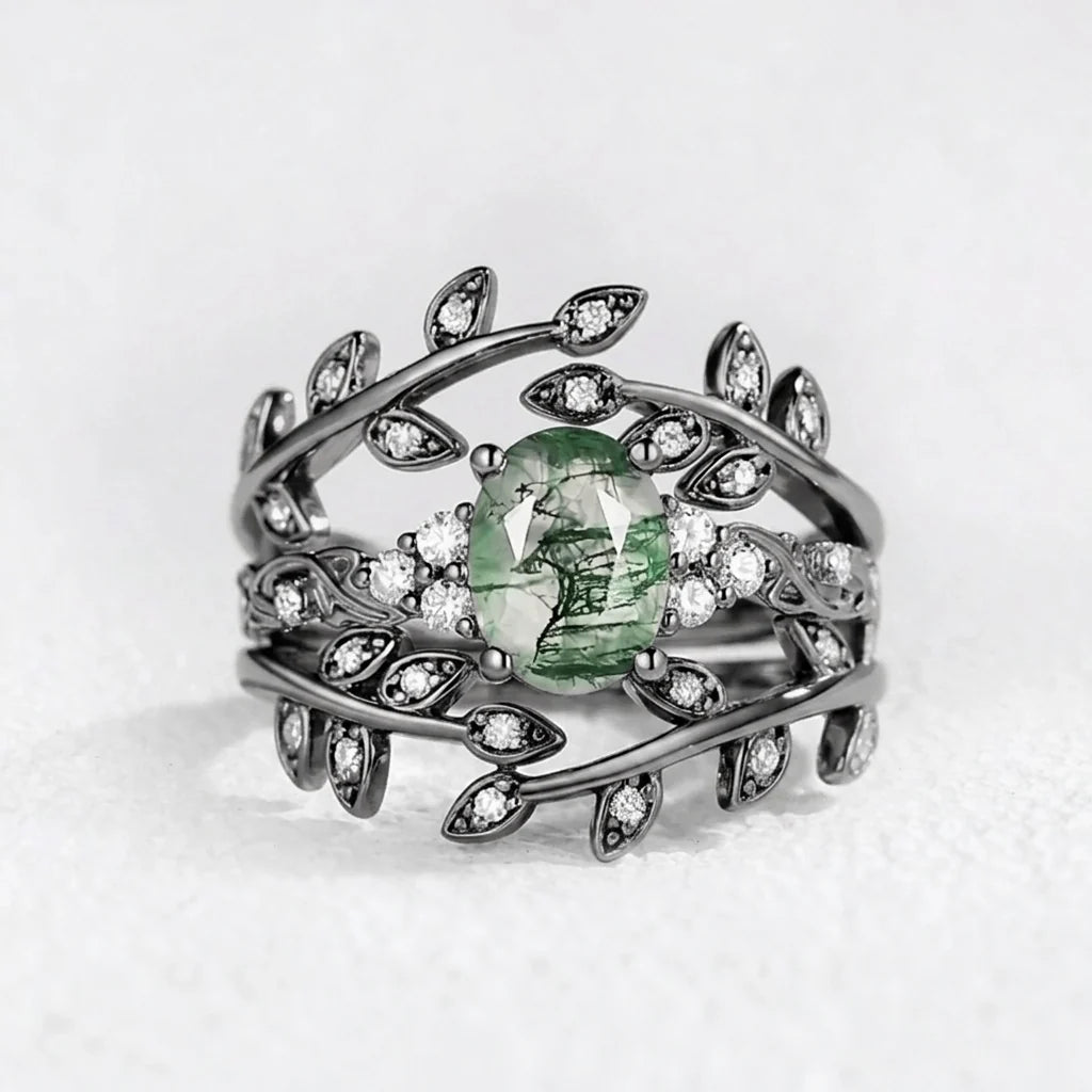 Honorée Moss Agate Leafy Branch Enhancer Ring Set 2pcs