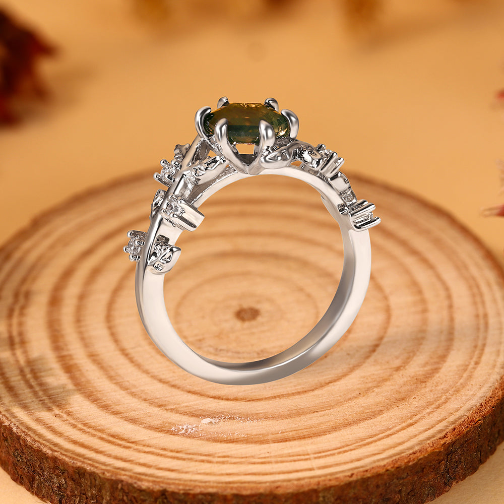 Forest Fairy Hexagon Moss Agate Ring Handcrafted Gold Vine and Leaf Nature Inspired Jewelry