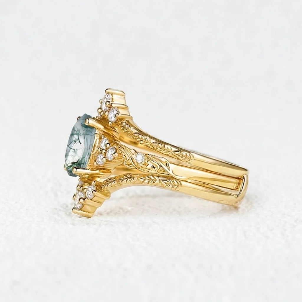 Hazel Blingflare Oval Moss Agate Filigree Ring Bridal Set 2pcs