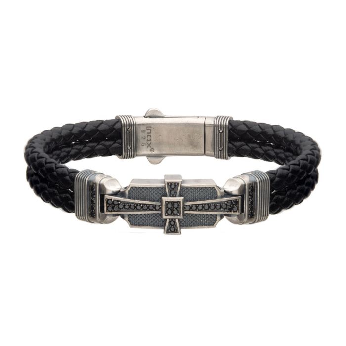 Sterling Silver with Double Braid Black Leather & Black Cubic Zirconia Bracelet