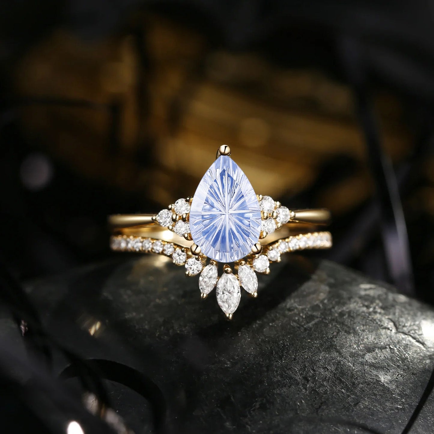 'Vivian' - 18K Fantasy Carved Pear Shaped Classic Cluster Lab Cornflower Sapphire Engagement Ring Set