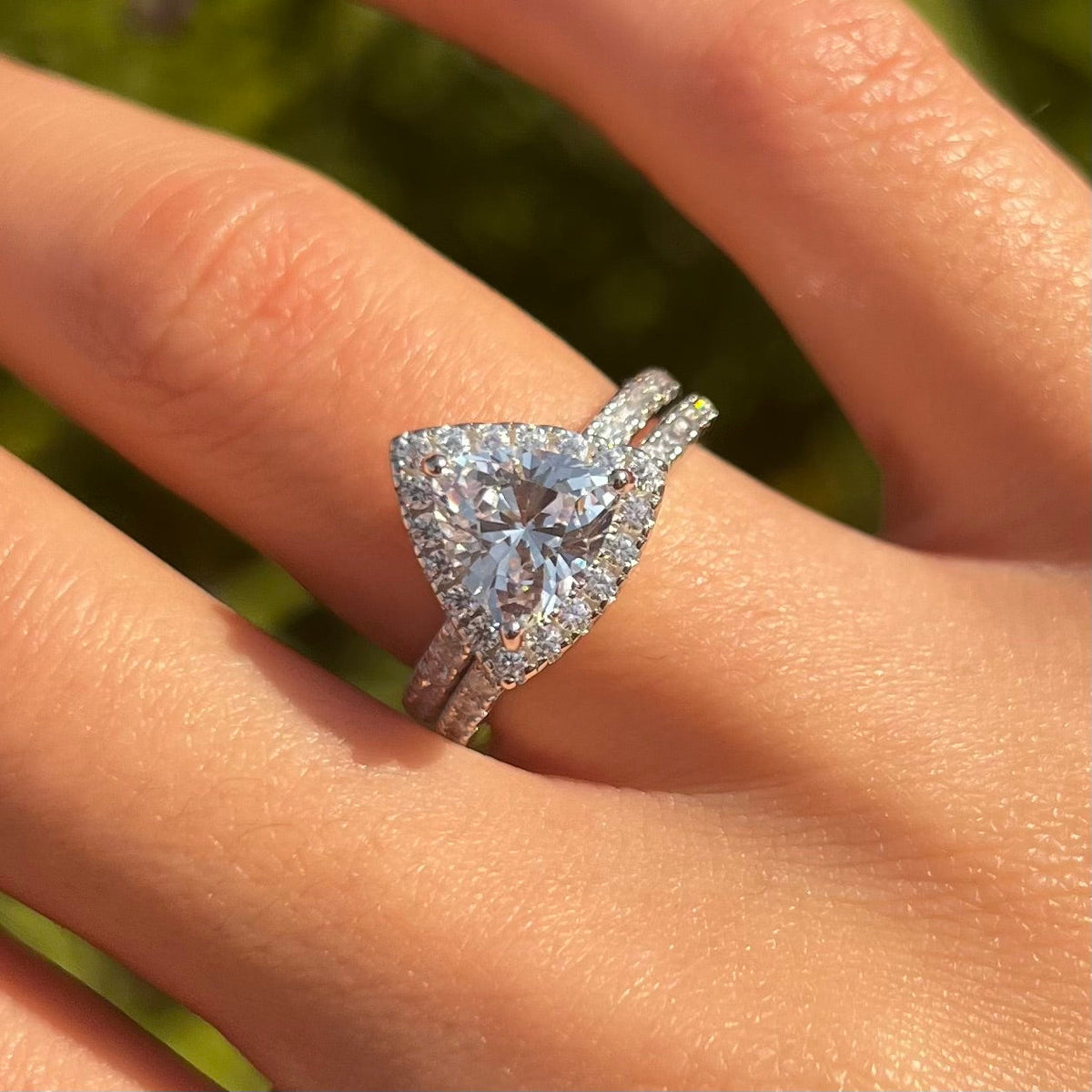2 Pcs Triangle Halo Sterling Silver Bridal Set With Eternity Band