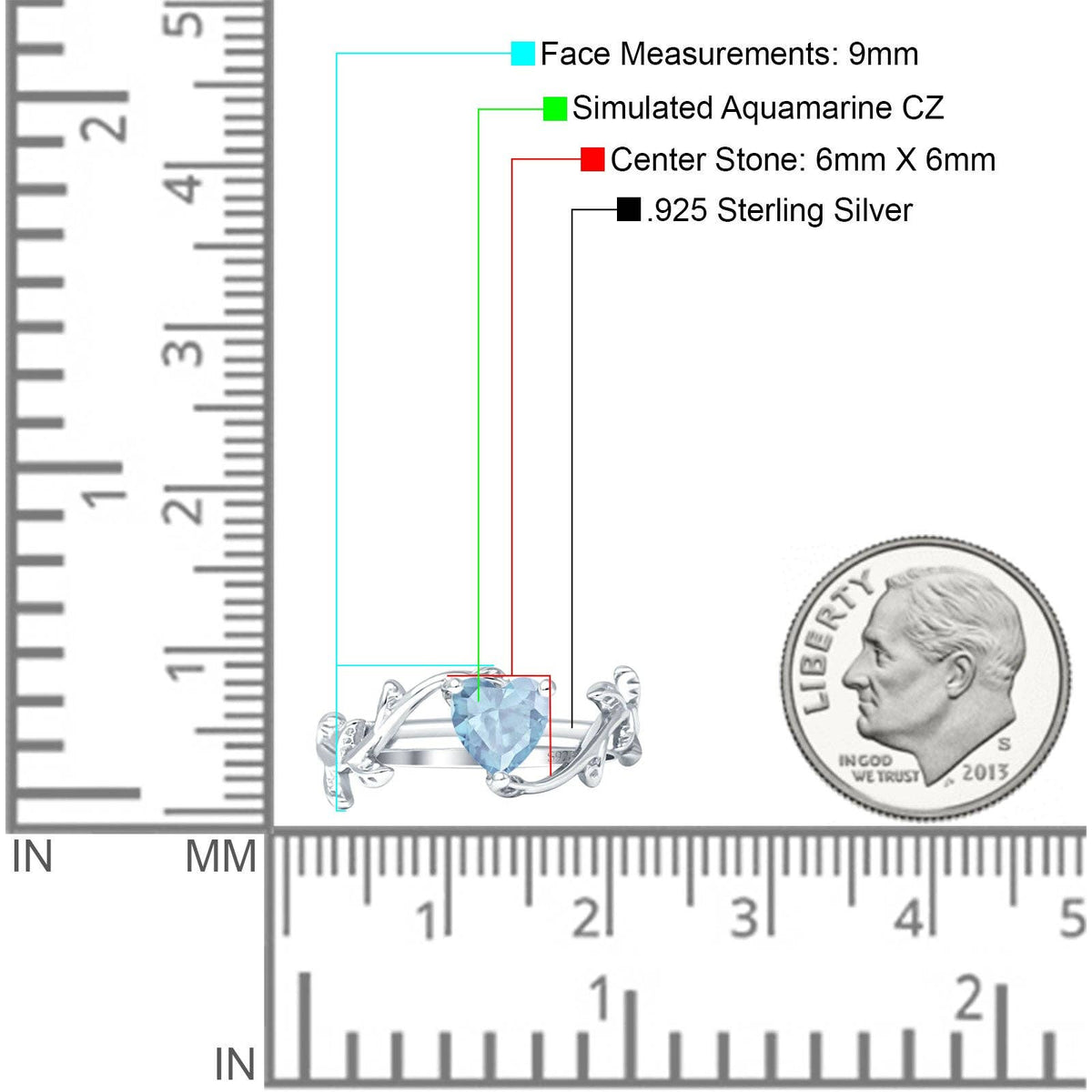Heart Leaf Art Deco Promise Ring Aquamarine CZ: Aquamarine CZ size I1/2