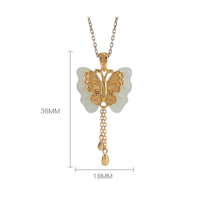 Fortune Jewel 925 Sterling Silver Plated Gold Hetian White Jade Butterfly Blessing Necklace Pendant