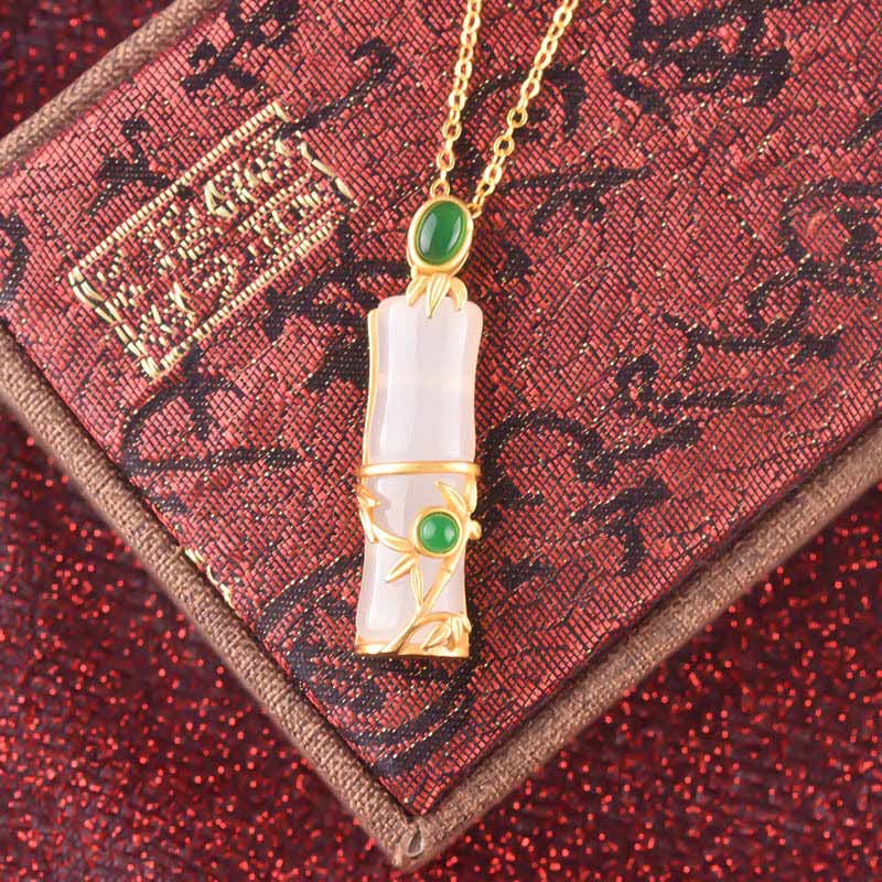 Fortune Jewel White Jade Cyan Jade Bamboo Protection Necklace Pendant