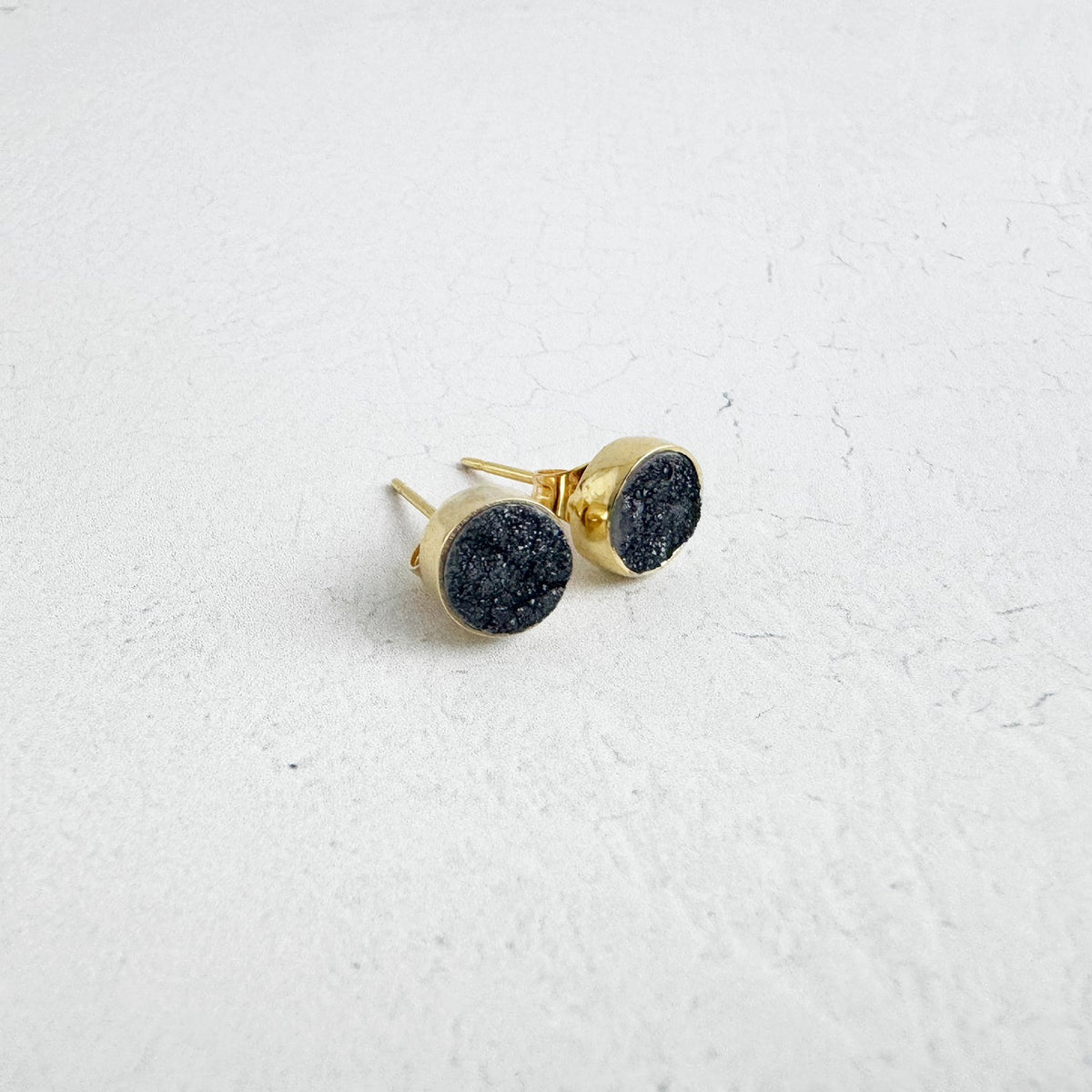 Black Druzy Circle Stud Earrings in Gold and Silver