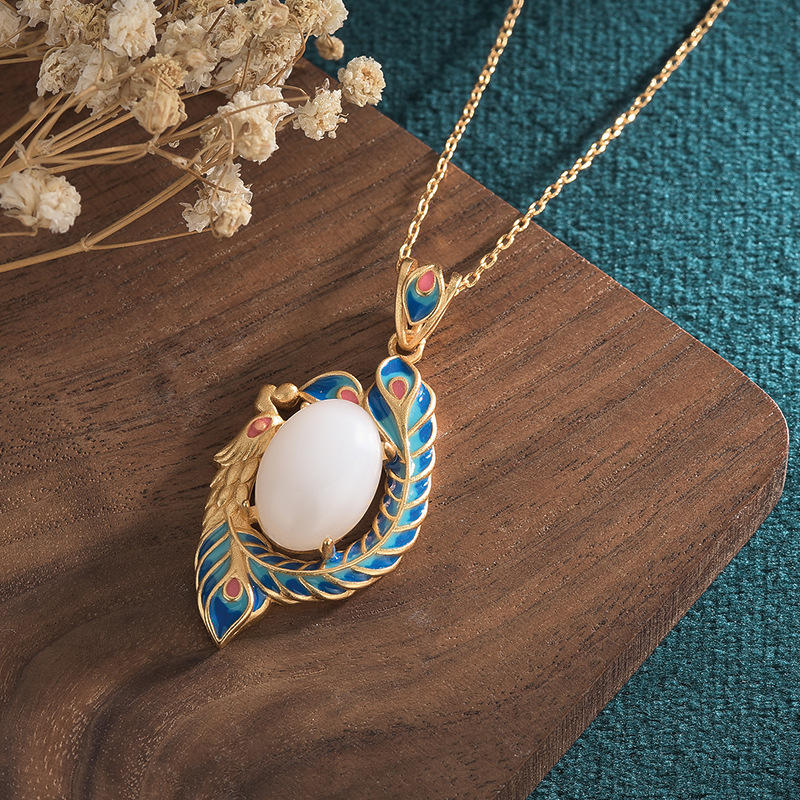 Fortune Jewel White Jade Peacock Copper Blessing Necklace Pendant