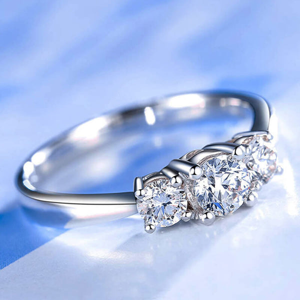 Glazed Solarii Moissanite 1.0ct Round Cut 925 Sterling Silver Three Stone Engagement Ring