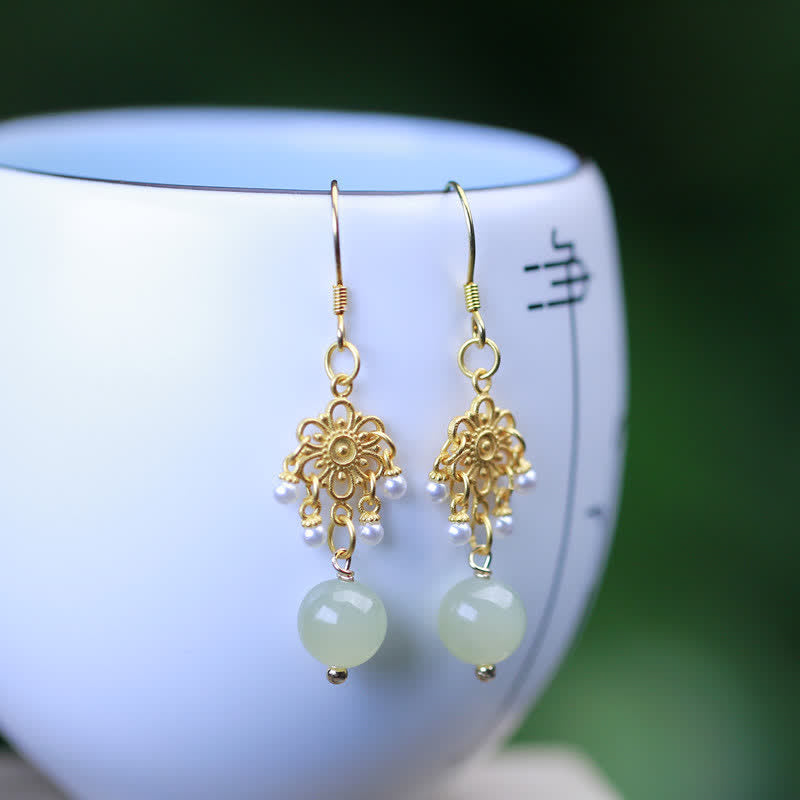Fortune Jewel Hetian Jade Flower Pattern 14K Gold Plated Luck Drop Dangle Earrings