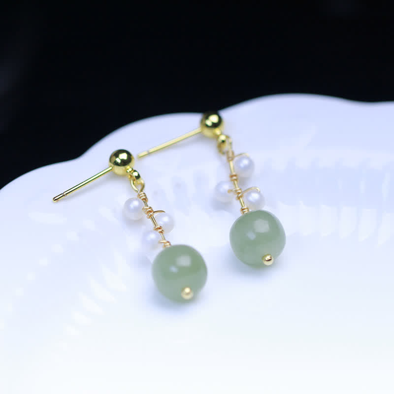Fortune Jewel Hetian Jade Flower Pattern 14K Gold Plated Luck Drop Dangle Earrings